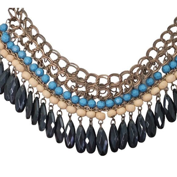 Bib Statement Necklace Gold Tone Turquoise Black Beige Beads Boho Retro 17" - Picture 2 of 4